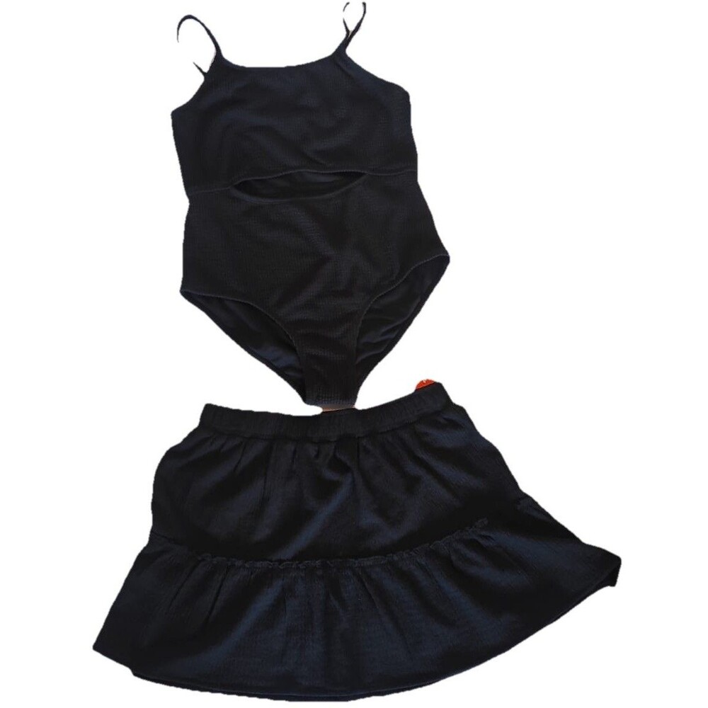 Girls Black Cutout One Piece Swimsuit & Ruffle Swim Skirt Set XL 14-16